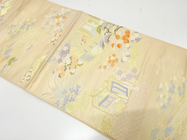 JAPANESE KIMONO / ANTIQUE FUKURO OBI / SILK / WOVEN SCENERY OF MANSION